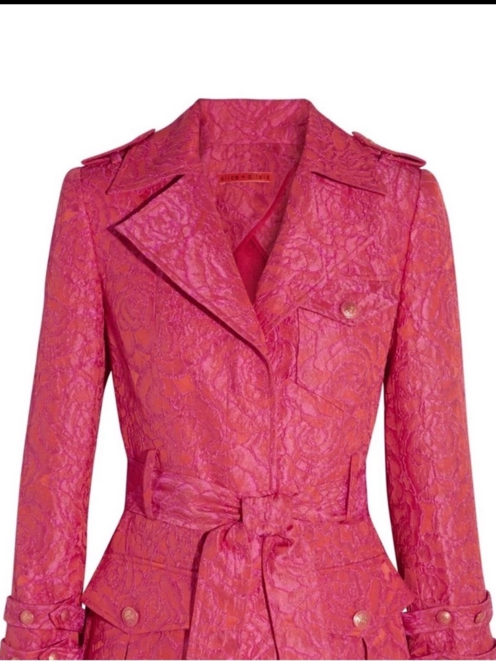 RARE Alice + Olivia Jacquard Trench Coat Belted Brocade NWOT Pink Metallic Rose - Picture 6 of 11